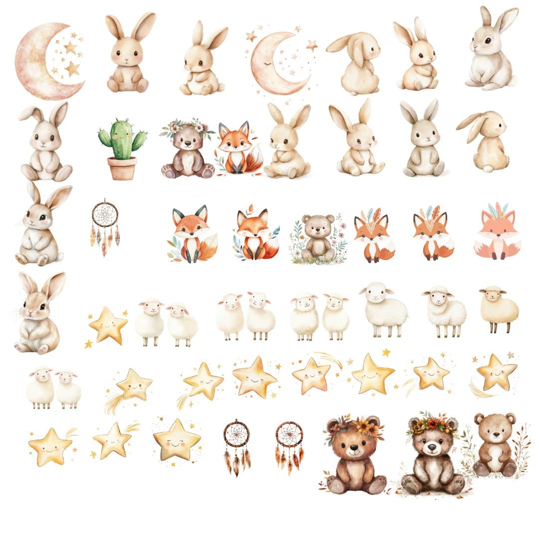 301 Watercolor Boho Baby Clipart | Newborn Animal Nursery Printable L ...