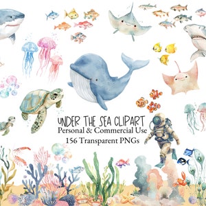 156 onderzeese aquarel clipart-bundel, oceaandieren, octopus, kwallen, walvis, zeepaardje, haai, dolfijn, doe-het-zelfproject, inrichting kinderkamer, scrapbooking