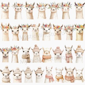 May include: A digital illustration of 30 adorable llamas with different expressions. Some llamas are wearing flower crowns, while others are wearing winter hats and scarves. The llamas are all facing forward and have a white background.