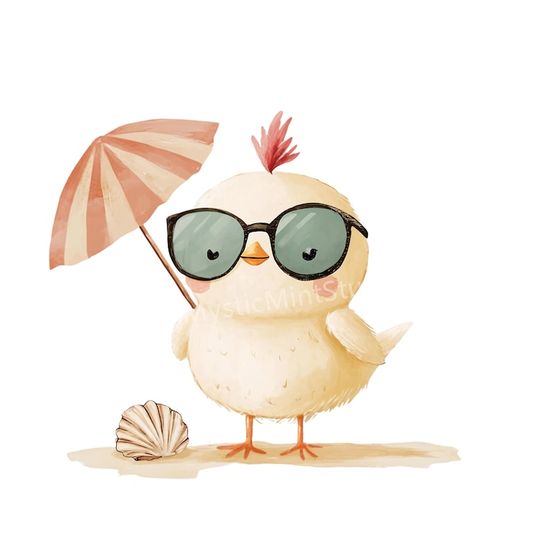 May include: A watercolor illustration of a yellow chick wearing sunglasses and holding a striped pink and white umbrella. A seashell rests on the sand. The chick has a red tuft of feathers on its head.
