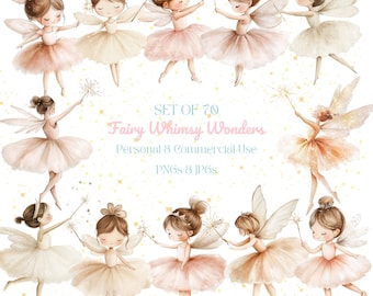 May include: Set of 70 watercolor illustrations of fairies with wings, wands, and tutus. The fairies are in various poses and have different colored hair and wings. The background is a white with gold glitter.