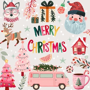 Clipart di Natale ad acquerello / Clipart di Babbo Natale retrò / Clipart di albero di Natale rosa / Buon Natale / Renna / 92 file PNG e JPG