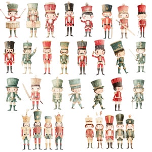 Puede incluir: Una colecci&oacute;n de ilustraciones de acuarela de soldados de juguete. Los soldados est&aacute;n vestidos con uniformes rojos, azules y verdes con detalles dorados. Algunos de los soldados sostienen armas, mientras que otros sostienen instrumentos musicales. Las ilustraciones est&aacute;n sobre un fondo blanco.