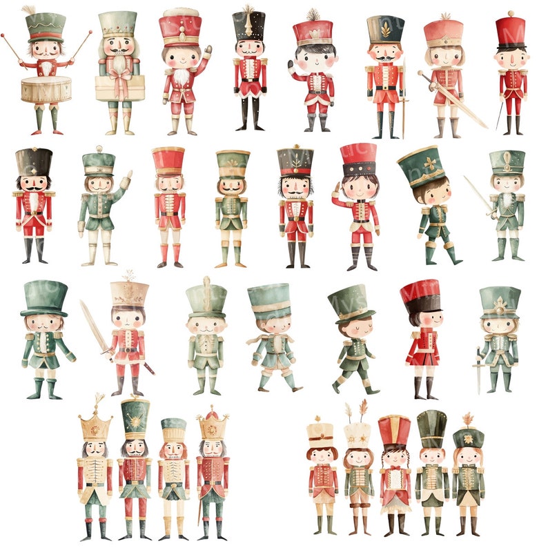 Puede incluir: Una colecci&oacute;n de ilustraciones de acuarela de soldados de juguete. Los soldados est&aacute;n vestidos con uniformes rojos, azules y verdes con detalles dorados. Algunos de los soldados sostienen armas, mientras que otros sostienen instrumentos musicales. Las ilustraciones est&aacute;n sobre un fondo blanco.