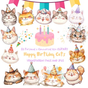 Clipart de raças de gatos fofos, clipart de gatinhos para festa de gatos, clipart de gatos de aniversário em aquarela, clipart de retrato de gato, PNGs e JPGs para uso comercial