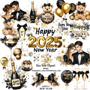 Clipart di Capodanno, grafica per feste, adesivi per planner, PNG oro e nero, champagne, palloncini, coppia, orsacchiotto, ghirlanda, uso commerciale