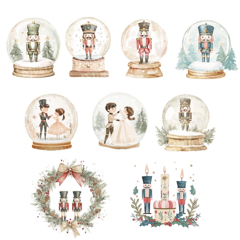 Puede incluir: Un conjunto de diez ilustraciones de acuarela con tem&aacute;tica de cascanueces, que incluyen bolas de nieve, coronas y velas. Las bolas de nieve representan a un soldado cascanueces, una pareja bailando y un cascanueces sosteniendo un bast&oacute;n de caramelo. Las coronas est&aacute;n decoradas con ramas de pino, bayas y un lazo rojo. Las velas est&aacute;n decoradas con soldados cascanueces y un candelero a rayas.
