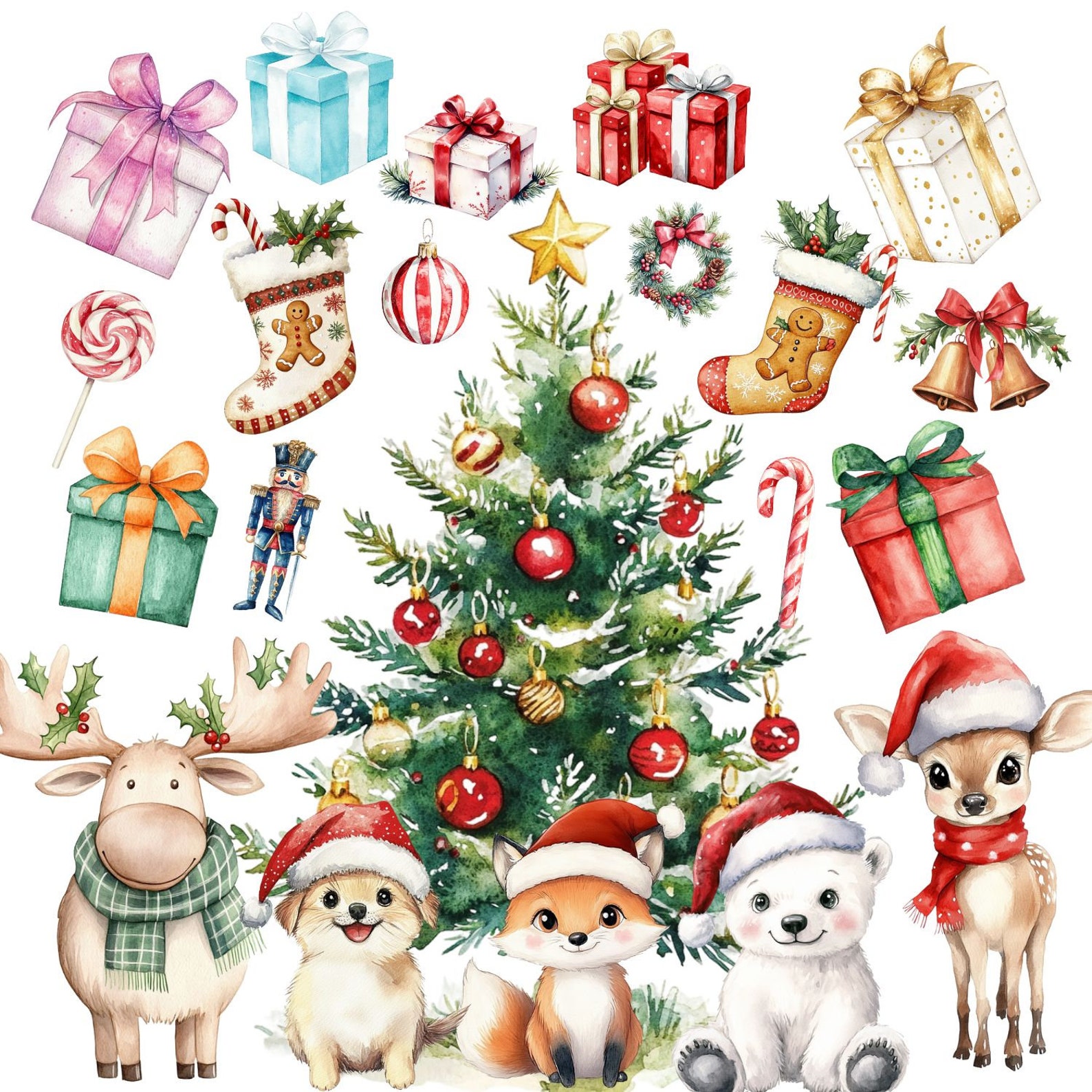 Woodland Christmas Clipart, Watercolor Winter Animals, 337 Pngs, Cute ...
