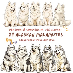 Alaskan Malamute Hund Clipart|21 hochwertige PNG und JPG|Sublimation, digitaler Planer, Wandkunst, Junk-Journal, digitaler Download|Kommerzielle Nutzung