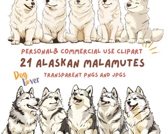 May include: A digital clipart set of 21 Alaskan Malamute dog illustrations. The dogs are depicted in various poses, with some looking up, others looking straight ahead, and some looking down. The dogs are all white with gray markings. The clipart is perfect for use in personal and commercial projects.
