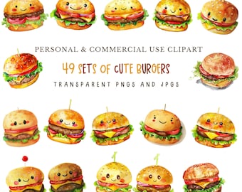 49 Cute Watercolor Burger Clipart,Fast Food Menu Clipart,Sublimation,junk journal,High Quality PNGs and JPGs,Digital download,Commercial Use