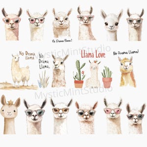 May include: A digital collage of watercolor illustrations featuring llamas wearing sunglasses and cacti. The text "No Drama Llama!" and "Llama Love" are included in the image.
