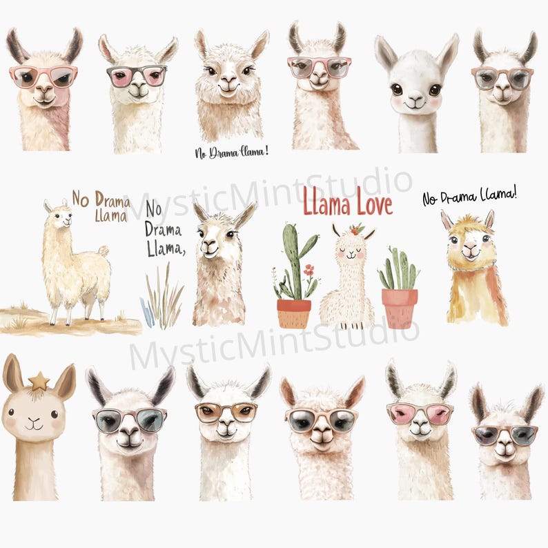 May include: A digital collage of watercolor illustrations featuring llamas wearing sunglasses and cacti. The text "No Drama Llama!" and "Llama Love" are included in the image.