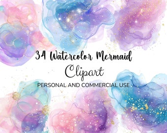 Mermaid Dreams,34 Watercolor and Alcohol Ink Clipart Dreamy Backgrounds & Graphics PNG,JPG for Crafting Instant Download for Commercial Use