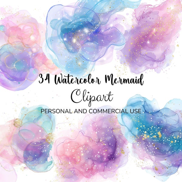 Mermaid Dreams, 34 Aquarell und Alkohol Ink Clipart Verträumte Hintergründe & Grafiken PNG, JPG zum Basteln, Sofortiger Download für kommerzielle Nutzung