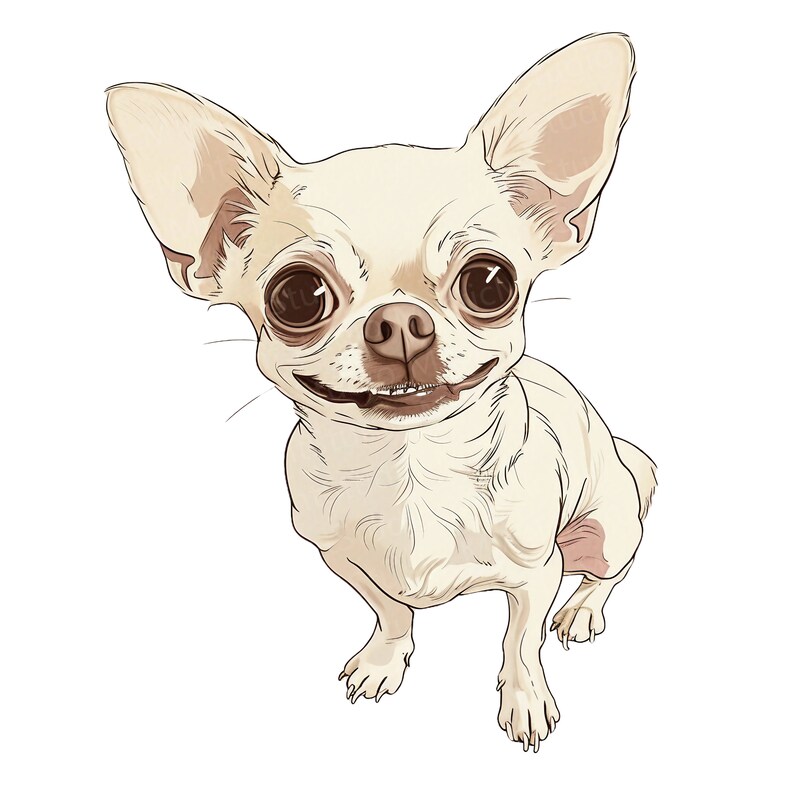 K&ouml;nnte beinhalten: Ein wei&szlig;er Chihuahua mit braunen Augen und einem gro&szlig;en L&auml;cheln sitzt und schaut in die Kamera.
