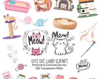 May include: A set of 106 cute cat clipart images, including cats, cat toys, cat food, cat beds, and cat scratching posts. The images are in a cartoon style and are perfect for use in digital projects, such as scrapbooking, card making, and web design.