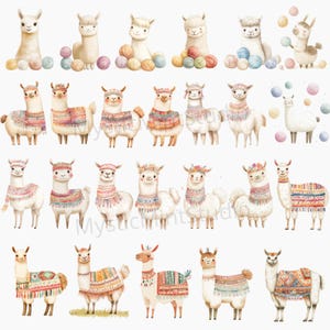 May include: A set of 20 watercolor illustrations of llamas, some wearing colorful patterned blankets, others with yarn balls, and some with colorful balloons. The llamas are all facing forward and have a friendly expression.