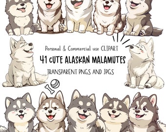 May include: 41 illustrations of cute Alaskan Malamute dogs in various poses. The dogs are drawn in a cartoon style with big eyes and fluffy fur. The illustrations are perfect for use in digital or printed projects.