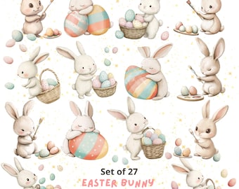 Watercolor Easter Bunny Clipart: Pastel Spring PNG (27 Images)