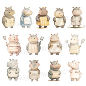 May include: A set of 12 watercolor illustrations of hippos wearing different colored aprons. The hippos are all smiling and have different expressions. Some of the hippos are holding kitchen utensils.