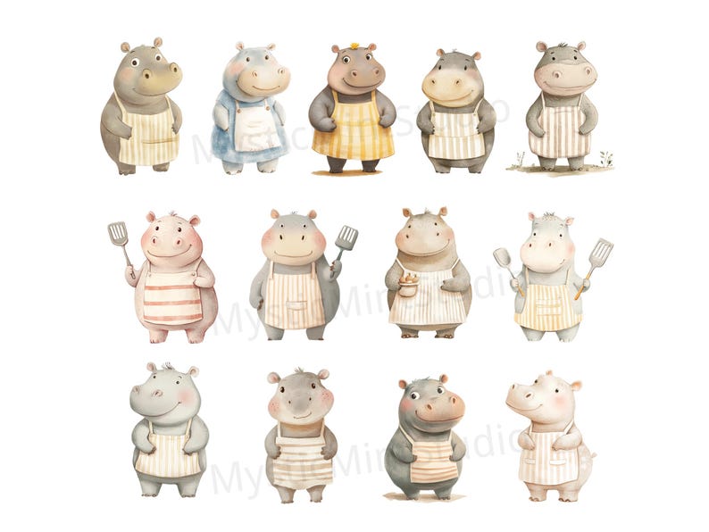 May include: A set of 12 watercolor illustrations of hippos wearing different colored aprons. The hippos are all smiling and have different expressions. Some of the hippos are holding kitchen utensils.