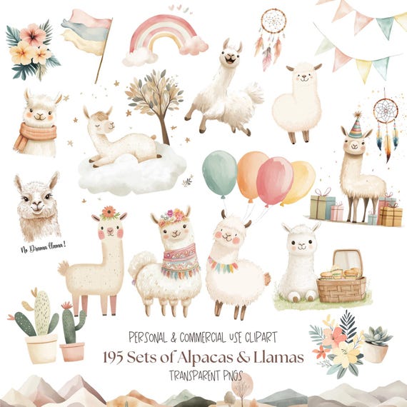 Cute Llama Clipart | Cute Alpaca Clipart l Watercolor Llama Clipart l Watercolor Alpaca Clipart l Alpaca Nursery Decorl Kawaii Llama Clipart