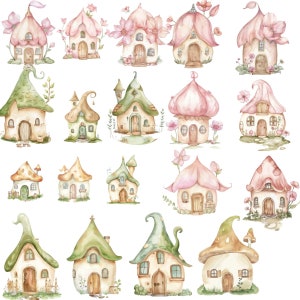 K&ouml;nnte beinhalten: Ein Set mit 18 Aquarell-Illustrationen von fantasievollen Feenh&auml;usern. Jedes Haus ist einzigartig und verf&uuml;gt &uuml;ber eine Vielzahl von Farben, Formen und Details. Die H&auml;user sind perfekt, um jedem Projekt einen Hauch von Magie zu verleihen.