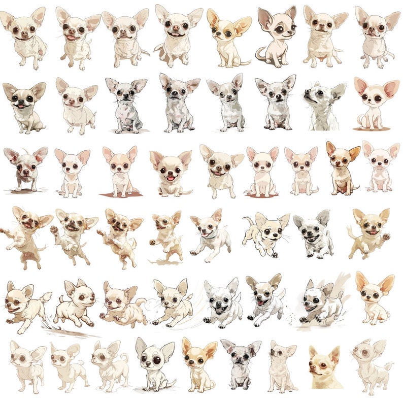 K&ouml;nnte beinhalten: Eine Sammlung von 48 Illustrationen verschiedener Chihuahua-Hunde in verschiedenen Posen. Die Hunde sind alle wei&szlig; und haben schwarze Augen und Nasen. Die Illustrationen sind im Cartoon-Stil gezeichnet.