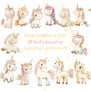 Cute Unicorn Clipart, Watercolor Wall art, Nursery Decor, Birthday Gift, PNGs and JPGs - High-Resolution Digital Download for Commercial Use