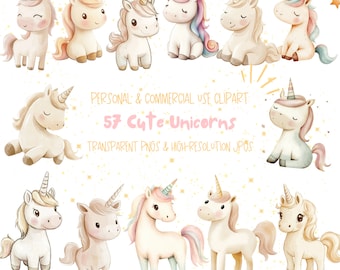 Cute Unicorn Clipart, Watercolor Wall art, Nursery Decor, Birthday Gift, PNGs and JPGs - High-Resolution Digital Download for Commercial Use