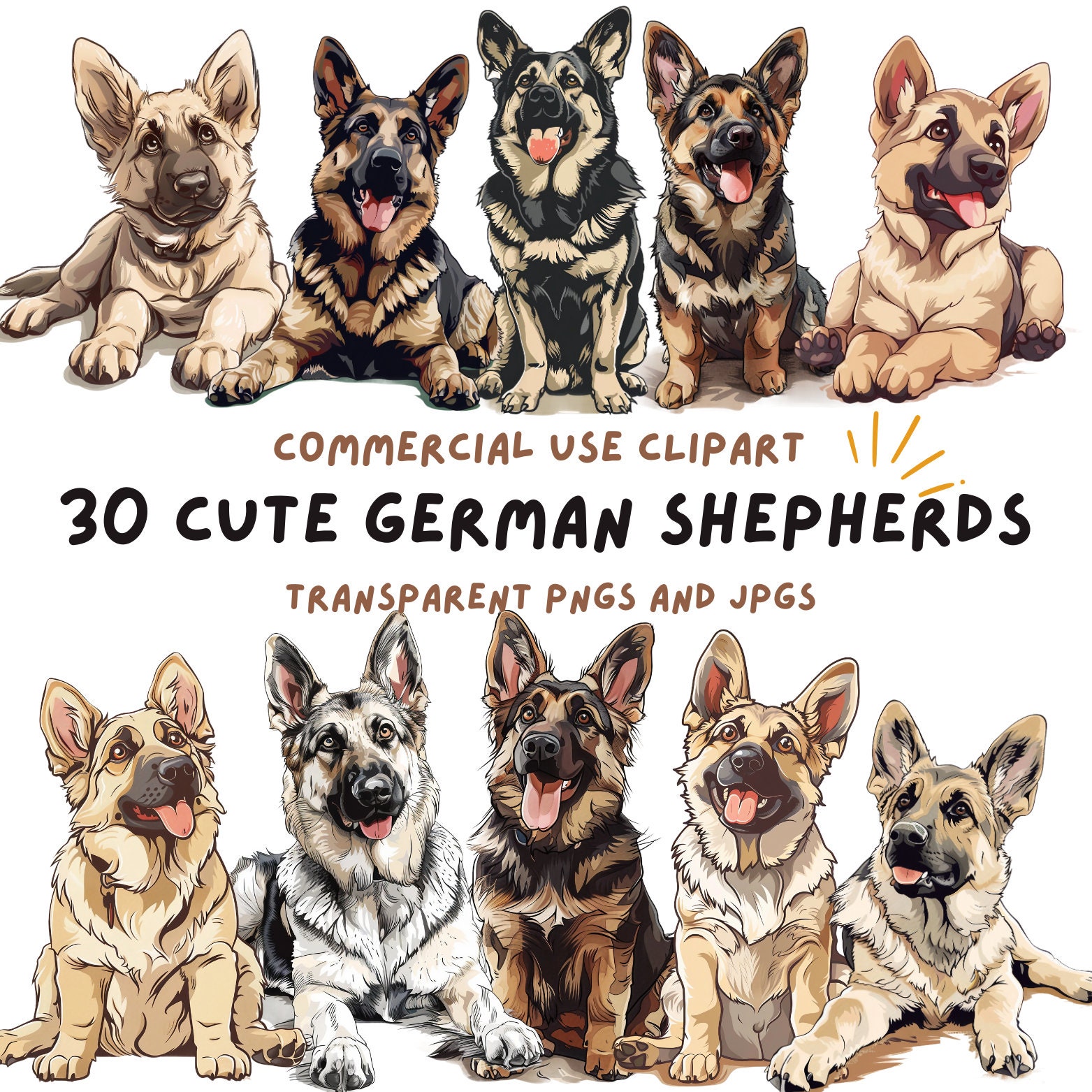 German Shepherd Clipart: High-quality PNG and JPG Digital Bundle of 30 ...