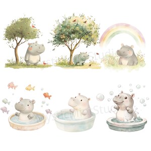 May include: A set of six digital illustrations featuring cute hippos in various scenes. The illustrations include hippos in a bathtub, playing in a pond, and walking through a forest. The illustrations are perfect for use in children's books, greeting cards, or other creative projects.