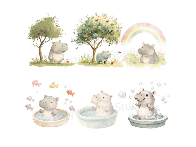 May include: A set of six digital illustrations featuring cute hippos in various scenes. The illustrations include hippos in a bathtub, playing in a pond, and walking through a forest. The illustrations are perfect for use in children's books, greeting cards, or other creative projects.