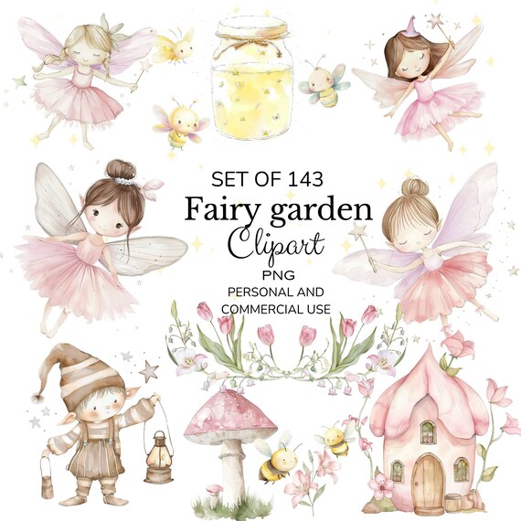 143 Fairy Garden Watercolor Clipart, Magical Fairy Illustrations, Digital Art, Whimsical Printable Decor, Craft Graphics, Instant Download