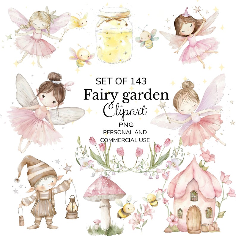 K&ouml;nnte beinhalten: Ein Set mit 143 Aquarell-Clipart-Bildern f&uuml;r den Feengarten. Das Set enth&auml;lt Feen, Pilze, ein Haus, Bienen, Blumen und ein Glas mit Gl&uuml;hw&uuml;rmchen. Das Clipart ist perfekt zum Erstellen von Einladungen, Karten und anderen Bastelarbeiten.