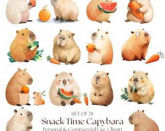 Cute Capybara Clipart Bundle | Capybara Nursery Art l Capybara Baby Decor l Digital Capybara l Foodie Capybara PNG l Kawaii Capybara Clipart
