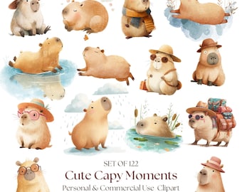 Cute Watercolor Capybara Clipart Bundle | Capybara Nursery Art l Capybara Baby Decor l Digital Capybara l Capybara PNG l Kawaii Capybara