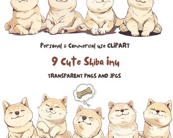 Puede incluir: Nueve ilustraciones de perros Shiba Inu lindos en varias poses. Los perros son todos marrones y blancos y tienen ojos grandes y felices. Las ilustraciones están en un estilo de dibujos animados y son perfectas para usar en proyectos digitales o impresos.