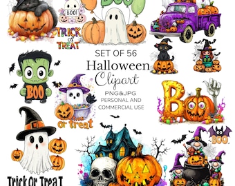 Pacchetto di clipart carine di Halloween / Clipart di zucca / Frankenstein / Fantasma / Disegni spettrali / Strega / Pipistrello / Gatto nero / 56 PNG JPG da scaricare