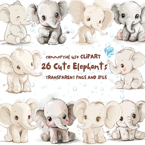 21 lindos elefantes clipart - Ilustraciones de elefantes bebés PNG y JPG - Descarga digital de alta resolución para uso comercial