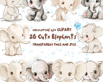 21 Cute Elephant Clipart- Baby Elephant Illustrations PNGs and JPGs - High-Resolution Digital Download for Commercial Use