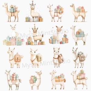 May include: A set of 15 digital illustrations featuring cute llamas with party hats and carrying presents. The llamas are in various poses and have different expressions. The illustrations are perfect for creating birthday cards, invitations, or party decorations.