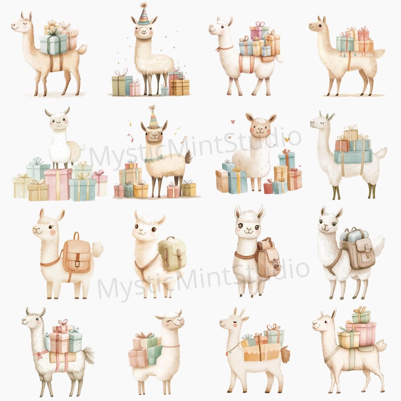 May include: A set of 15 digital illustrations featuring cute llamas with party hats and carrying presents. The llamas are in various poses and have different expressions. The illustrations are perfect for creating birthday cards, invitations, or party decorations.