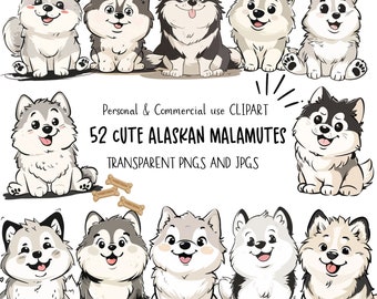 May include: A set of 52 cartoon illustrations of Alaskan Malamute puppies in various poses. The puppies are all white and gray with black markings. The illustrations are in a cute, cartoon style and are perfect for use in digital or printed projects.