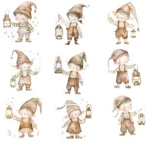 K&ouml;nnte beinhalten: Neun Aquarell-Illustrationen von Elfen, die Laternen halten. Die Elfen tragen braune und wei&szlig;e gestreifte Hemden und braune Hosen. Die Laternen sind braun und haben eine gelbe Flamme.