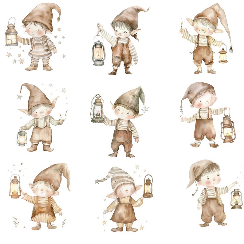 K&ouml;nnte beinhalten: Neun Aquarell-Illustrationen von Elfen, die Laternen halten. Die Elfen tragen braune und wei&szlig;e gestreifte Hemden und braune Hosen. Die Laternen sind braun und haben eine gelbe Flamme.