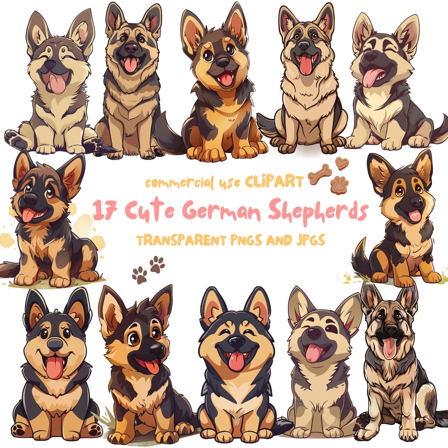 German Shepherd Clipart: High-quality PNG and JPG Digital Bundle of 17 ...