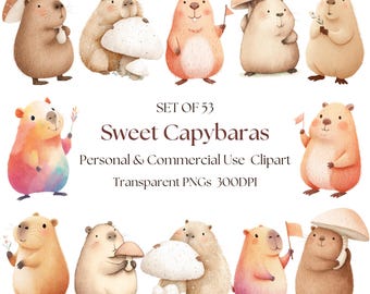 Cute Watercolor Capybara Clipart Bundle | Capybara Nursery Art l Capybara Baby Decor l Digital Capybara l Capybara PNG l Kawaii Capybara
