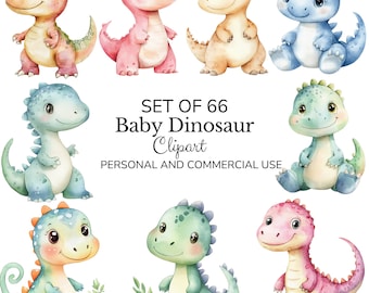 Dinosaur Clipart,Cartoon Dinosaur Clipart, Baby Dinosaur Clipart|66 PNG and JPG|Nursery Clipart,Junk journal,Digital Download|Commercial Use